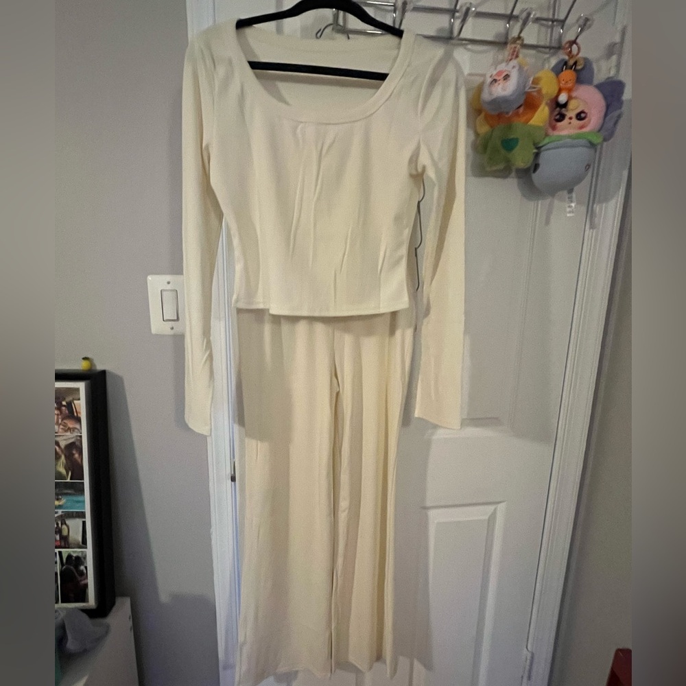 Cream 2 Piece Set Long-Sleeve Shirt with  Wide-Leg Pants